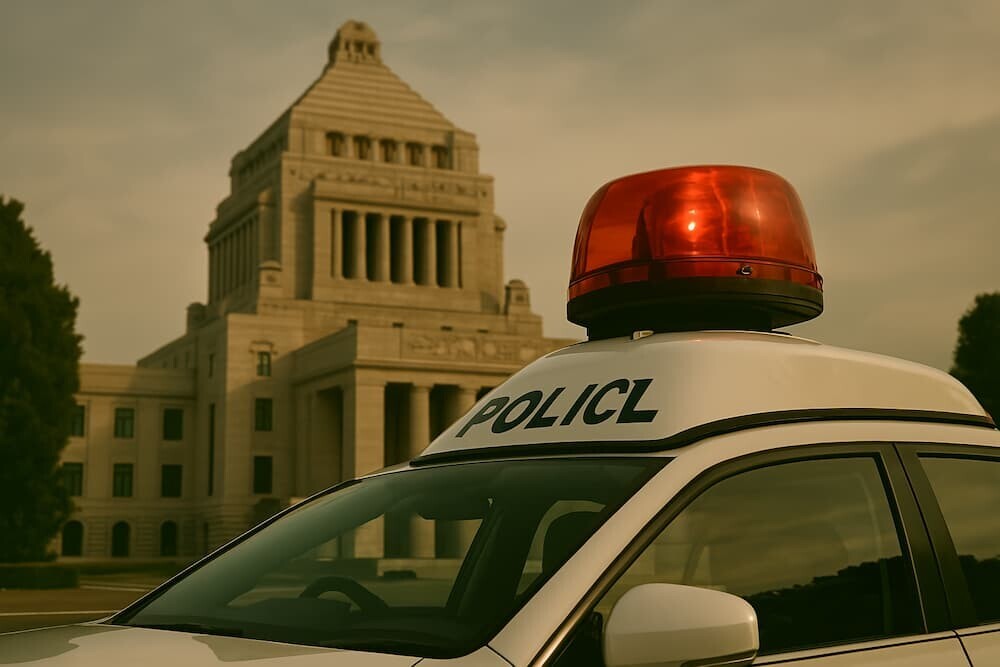 パトカーの赤色灯と国会議事堂が並んでいる