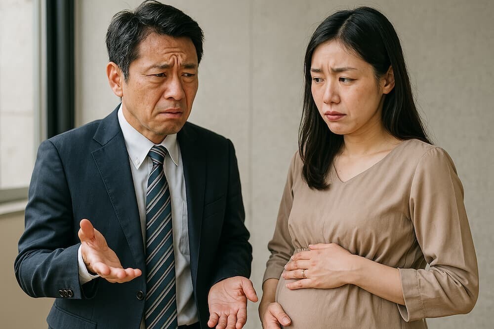 困惑した表情の上司と、複雑な表情の妊婦
