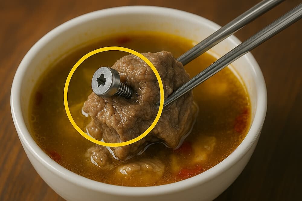 スープの入ったお椀の中から箸で持ち上げられた、ボルトが埋め込まれた骨のショッキングな写真　イメージ