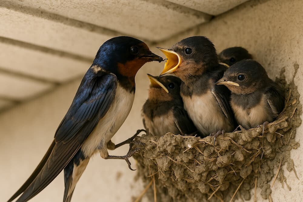 親鳥が軒先の巣で健気にヒナにエサを与えている、愛情が伝わるクローズアップ写真