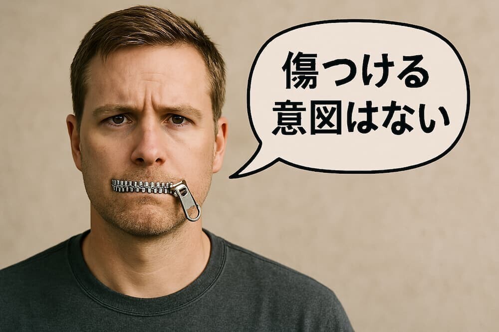 口にチャックをしている人物のイラストと、その吹き出しに「傷つける意図はない」と書かれている風刺画