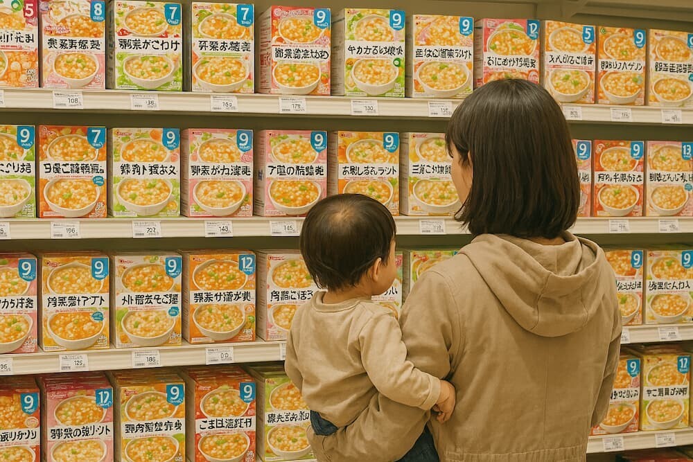 スーパーのベビーフード売り場で、複数の商品を比較検討している親子の後ろ姿