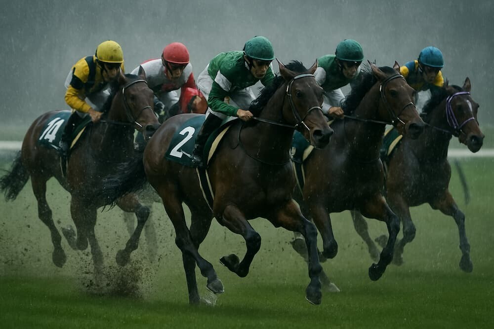 雨に濡れたターフを疾走する競走馬たちのスローモーション写真
