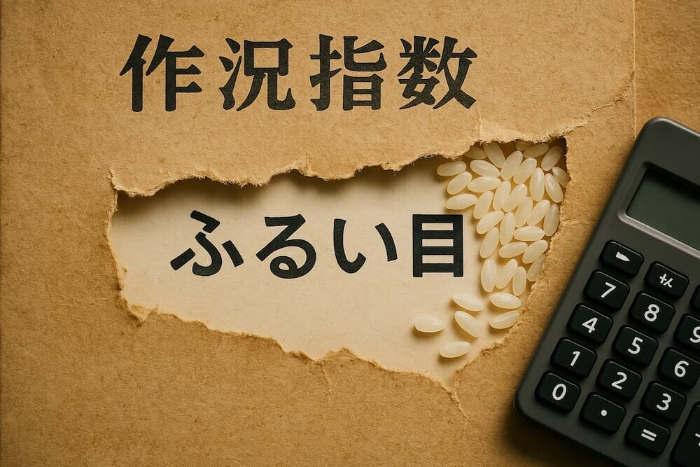 「作況指数」という文字が書かれた古い書類が破れ、その裂け目から「ふるい目」という文字と米粒、そして電卓が見えている様子のイメージ