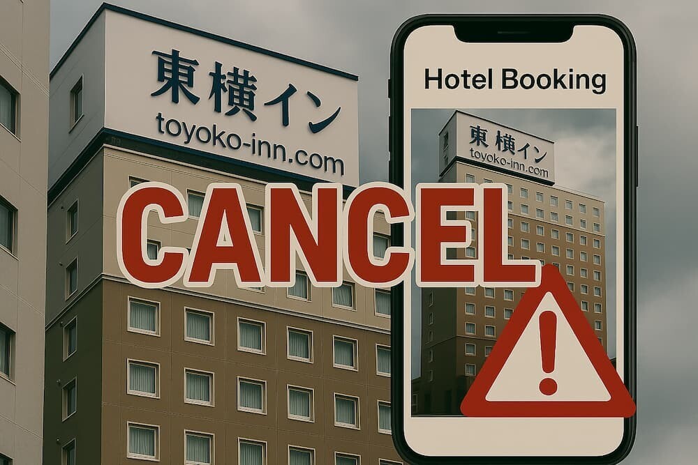 東横インホテル外観とスマートフォンの予約画面を組み合わせた警告イメージ