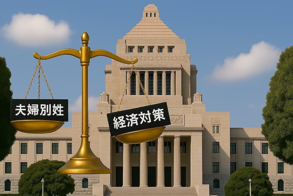  国会議事堂のイラストを背景に、「夫婦別姓」という文字と「経済対策」という文字が乗った天秤が、「経済対策」側に大きく傾いている様子のポップなイラスト
