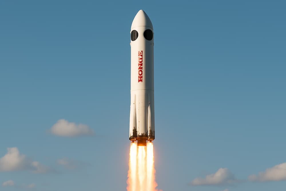 北海道の青空に向かって垂直に上昇するホンダの試験ロケット。機体から力強い噴射炎が出ており、未来への希望と挑戦を象徴している様子　イメージ