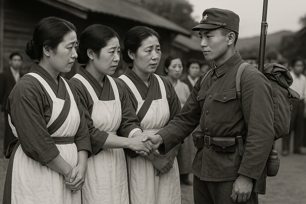 白い割烹着にタスキをかけた女性たち、出征兵士の見送り風景　イメージ