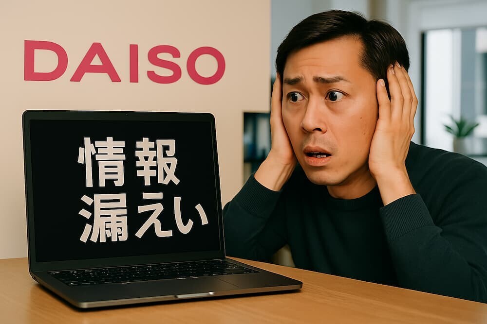 ダイソーのロゴと、焦った表情の人物、パソコン画面に「情報漏洩」の文字が浮かんでいるイメージ