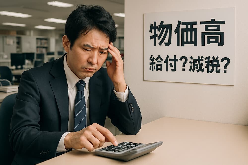 電卓を叩きながら困った顔をする人物と、背景に「物価高」「給付？減税？」の文字