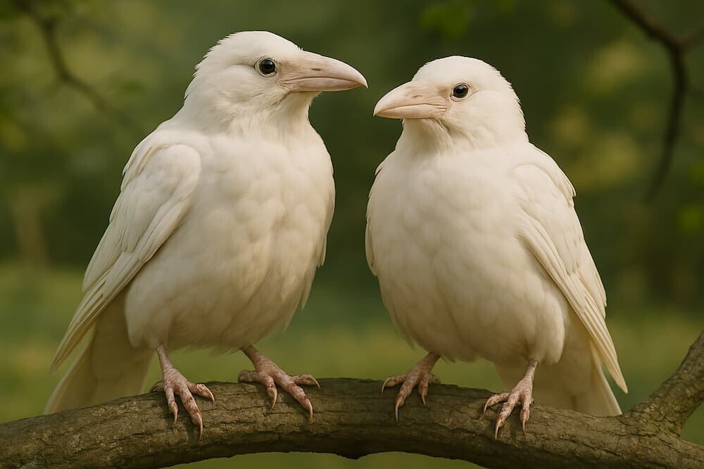 2羽の白いカラスが仲良く並んでいる、または親鳥と一緒にいる様子