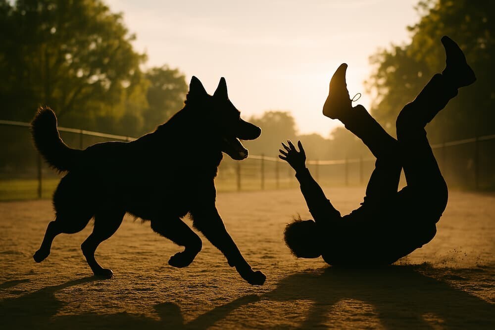 ドッグランで楽しそうに走る大型犬と、転倒する人物のシルエット