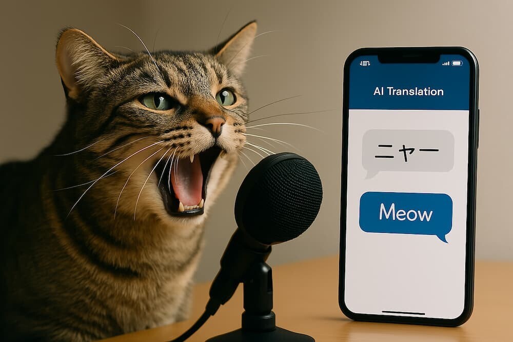 猫がマイクに向かって鳴いている様子とAI翻訳画面が表示されたスマートフォン