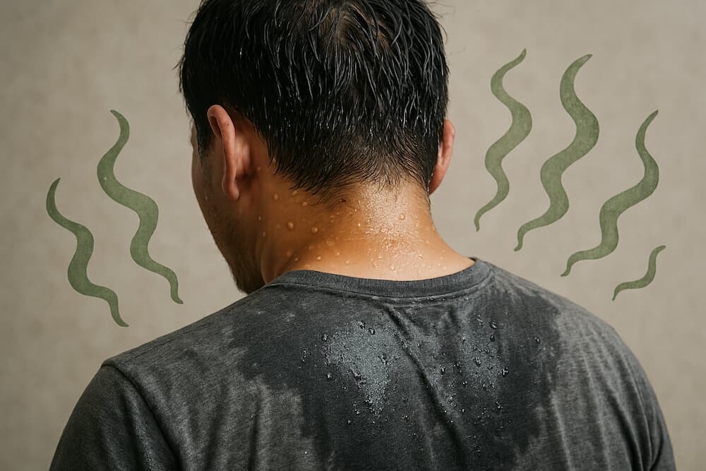 汗をかく30代男性の後頭部と体臭のイメージ