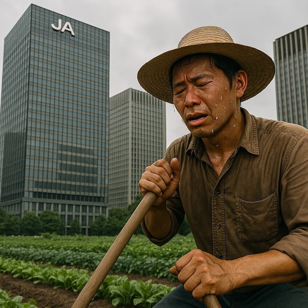 東京・大手町の高層ビル群の中に立つJAビルと、その手前で汗を流す農家