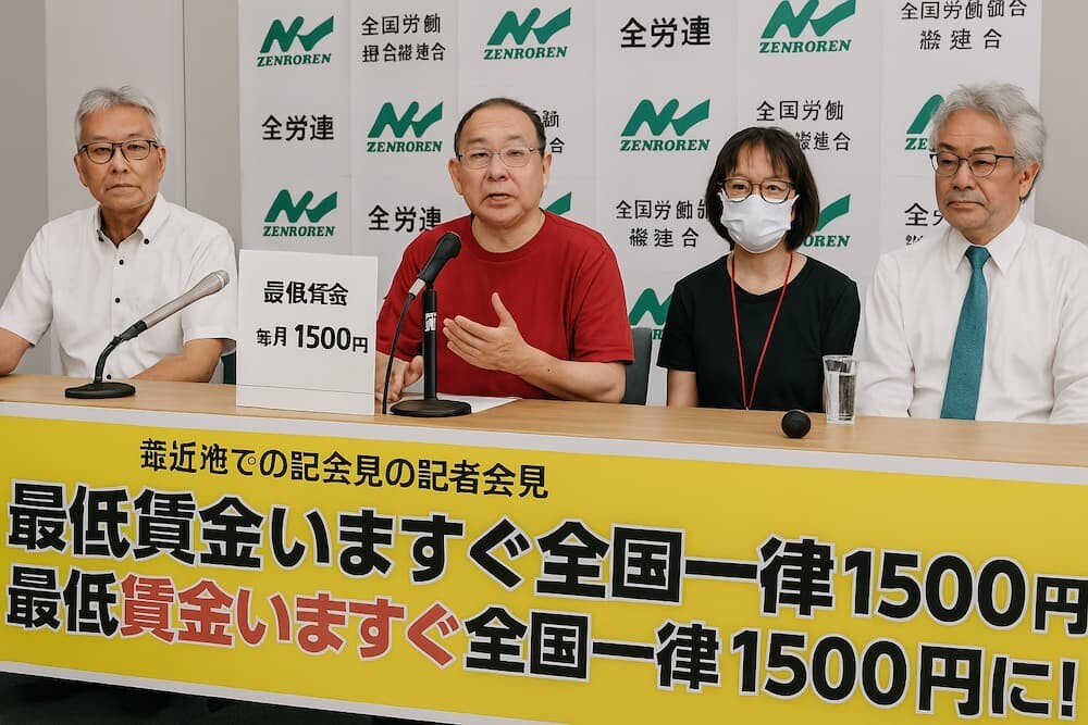 全労連会見の様子と最低賃金1500円の文字　イメージ