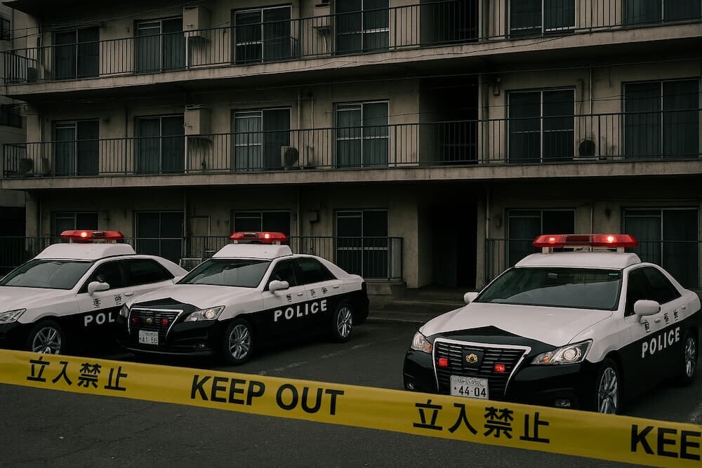 規制線が張られたアパートの前にパトカーが複数台停まっている、物々しい雰囲気のリアルなイメージ