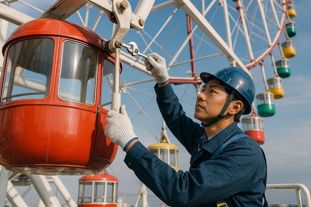 観覧車の整備をする日本人男性
