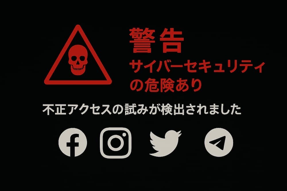 サイバーセキュリティ警告画面と主要SNSアイコンが並ぶ緊迫感のあるイメージ