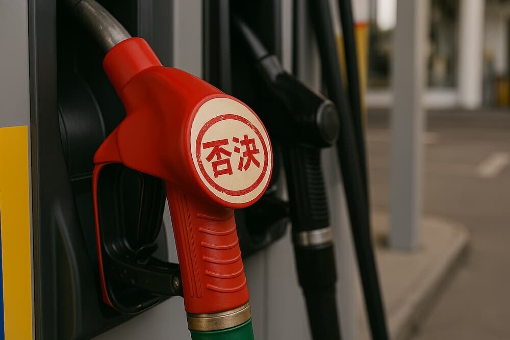 ガソリンスタンドの給油ノズルに「否決」や「拒否」のハンコが押されているイメージ