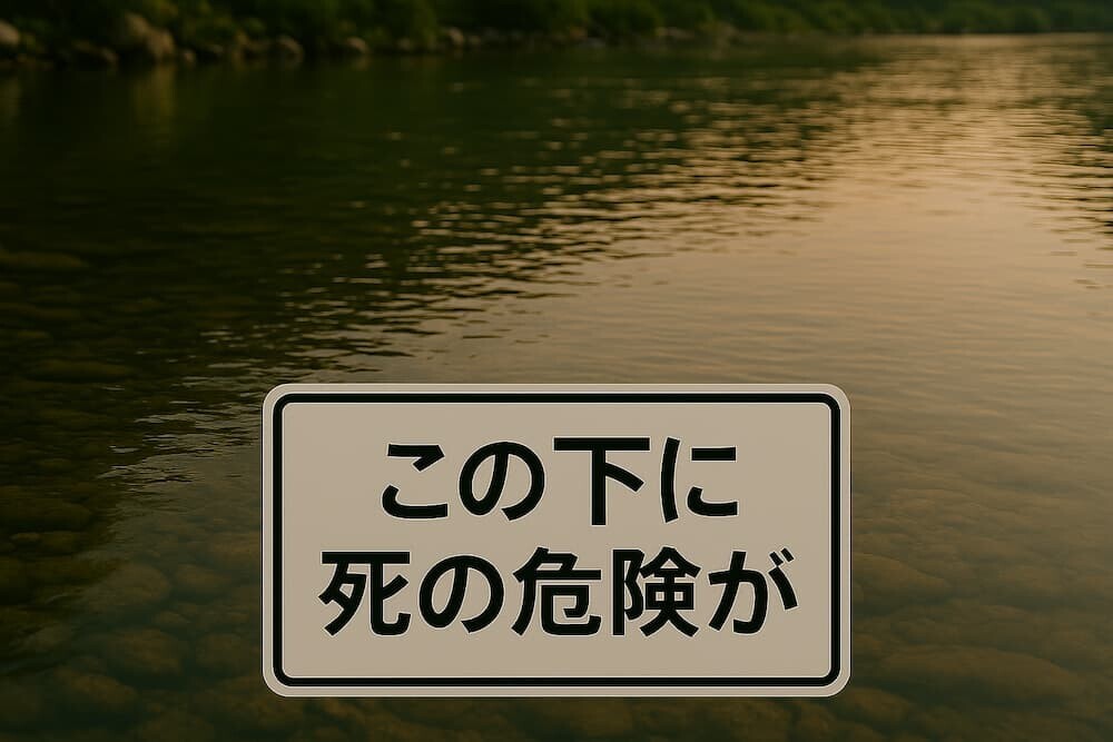 静かで美しい川の水面の写真と、「この下に死の危険が」という警告文を組み合わせたイメージ