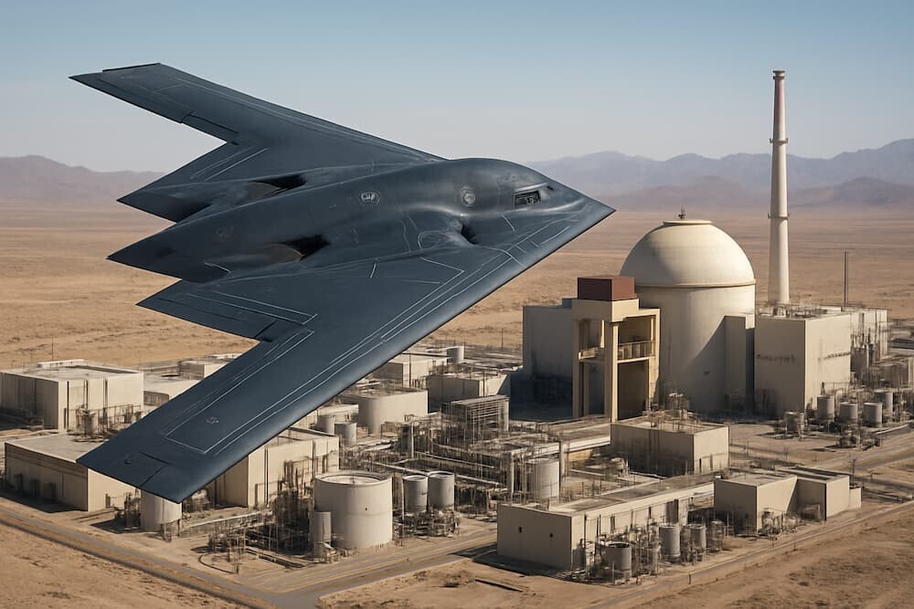 米軍B-2ステルス爆撃機とイラン核施設のイメージ（爆発・煙なし、説明図風）