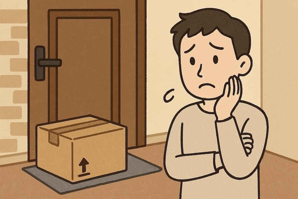 玄関前に置かれた宅配箱と心配そうな表情の住民のイラスト