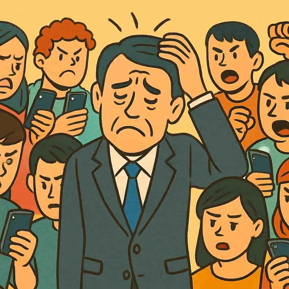 スーツ姿で困った顔で頭をかく政治家と、その周りでスマホ片手に怒ったり呆れたりしている大勢の若者たちを描いた、ポップな風刺イラスト
