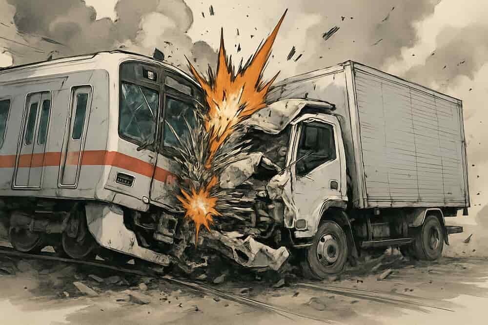  衝撃で大破した電車とトラックのイメージイラスト