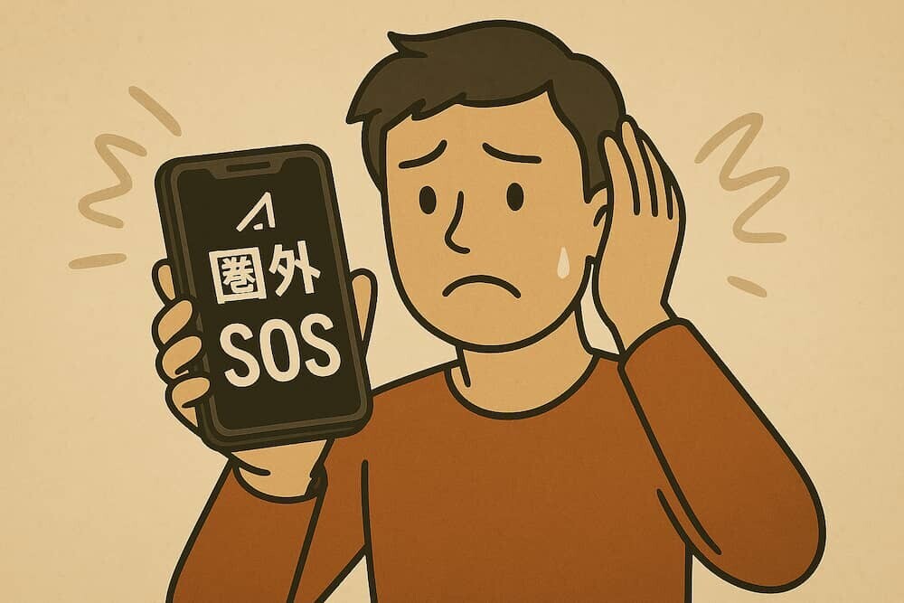スマートフォンの画面に「圏外」や「SOS」と表示され、困っている人のイラスト