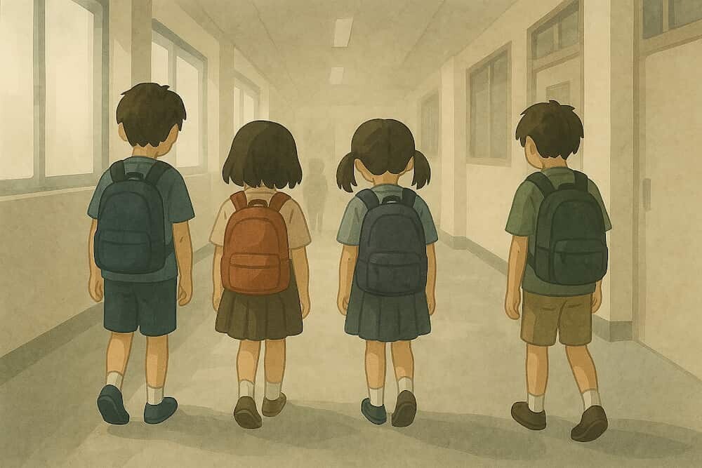 小学校の廊下を歩く小学生たちの後ろ姿、不安そうな雰囲気