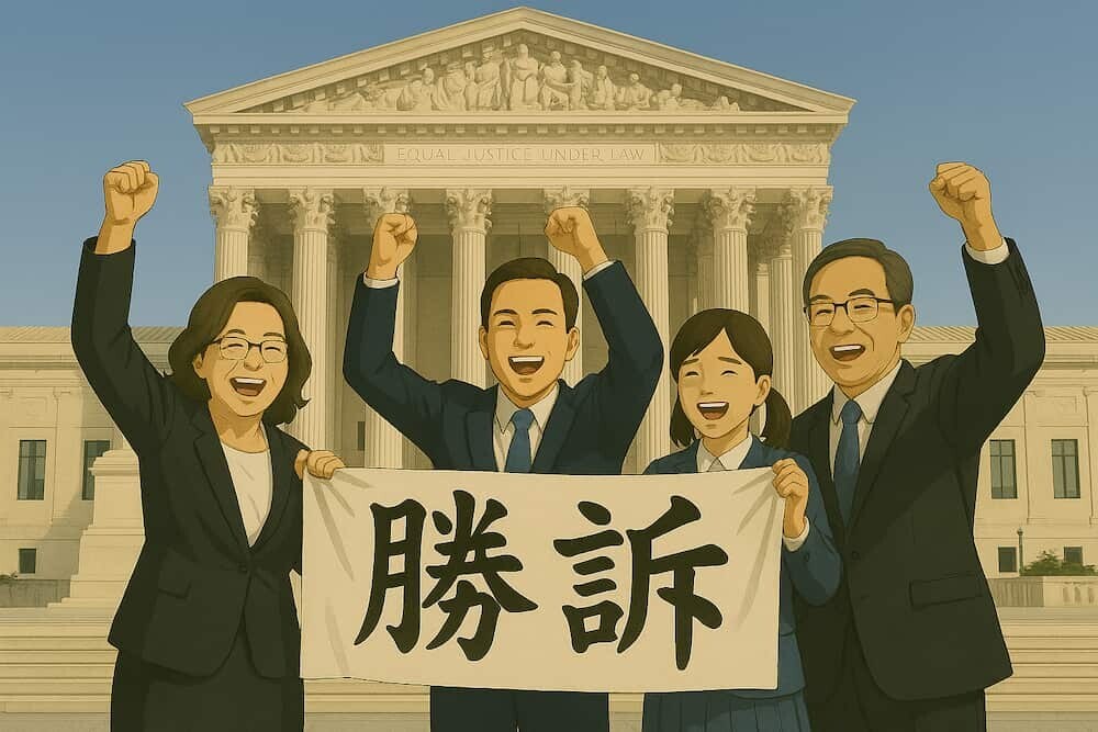 最高裁判所の外観と「勝訴」の垂れ幕を掲げる原告関係者