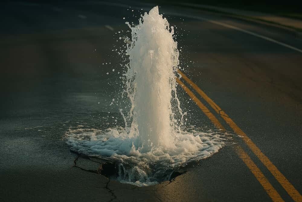 道路に激しく噴き 出す水