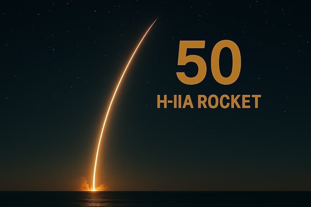 夜空に上昇するH2Aロケット50号機の光跡