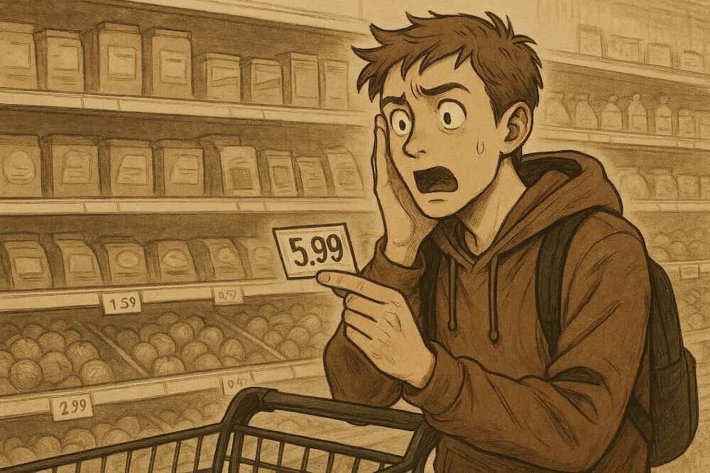 スーパーの棚の前で、値札を見て驚いている若者のイラスト