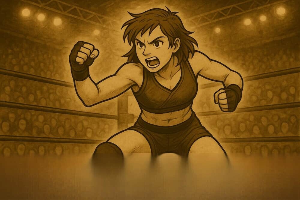 女子プロレスリングで戦う若い選手のイラスト（力強いポーズ）