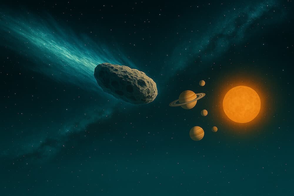 遠い宇宙から太陽系に向かって飛来する巨大な彗星のイメージイラスト