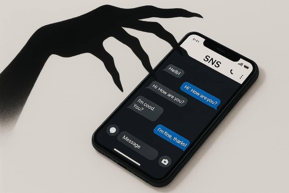 スマートフォン画面に表示されたSNSのチャット画面と、そこに覆いかぶさるように伸びる不気味な影の手