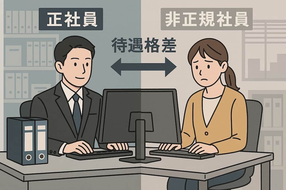 オフィスで働く正社員と非正規社員のイメージ、待遇格差を表現