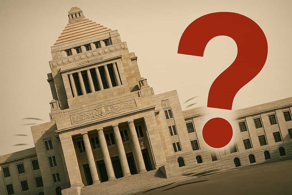 揺れる国会議事堂のイラストと、大きなクエスチョンマークが組み合わさったアイキャッチ画像