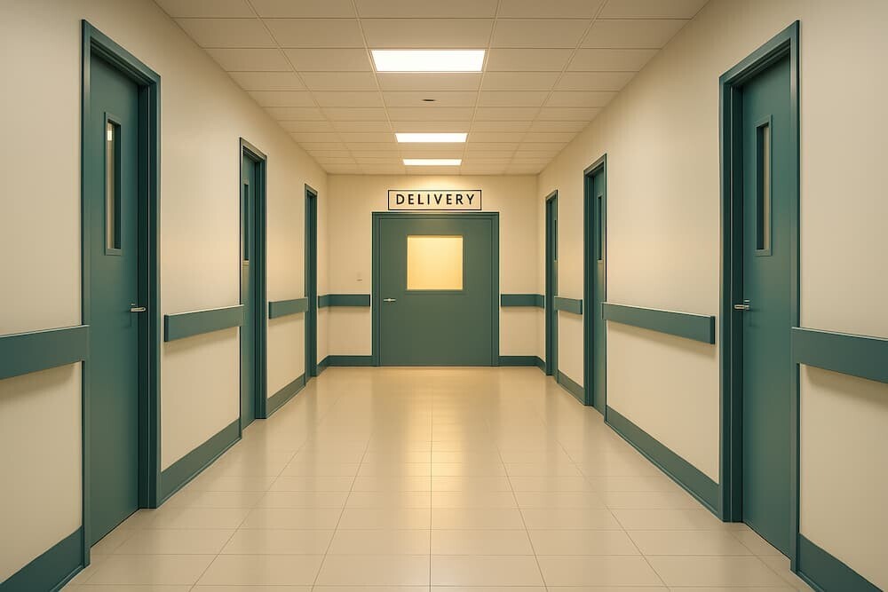 薄暗い病院の廊下の先に、一つの光が灯る分娩室のドア。希望と不安が入り混じる、重く静かな雰囲気