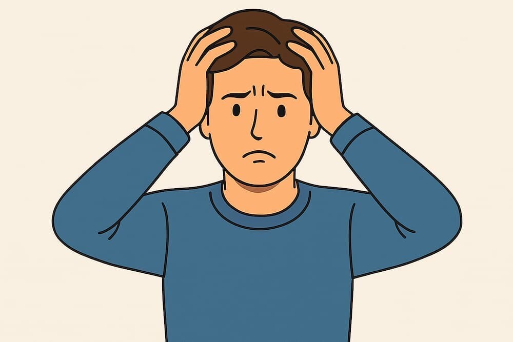 困惑した表情で頭を抱える人物のイラスト