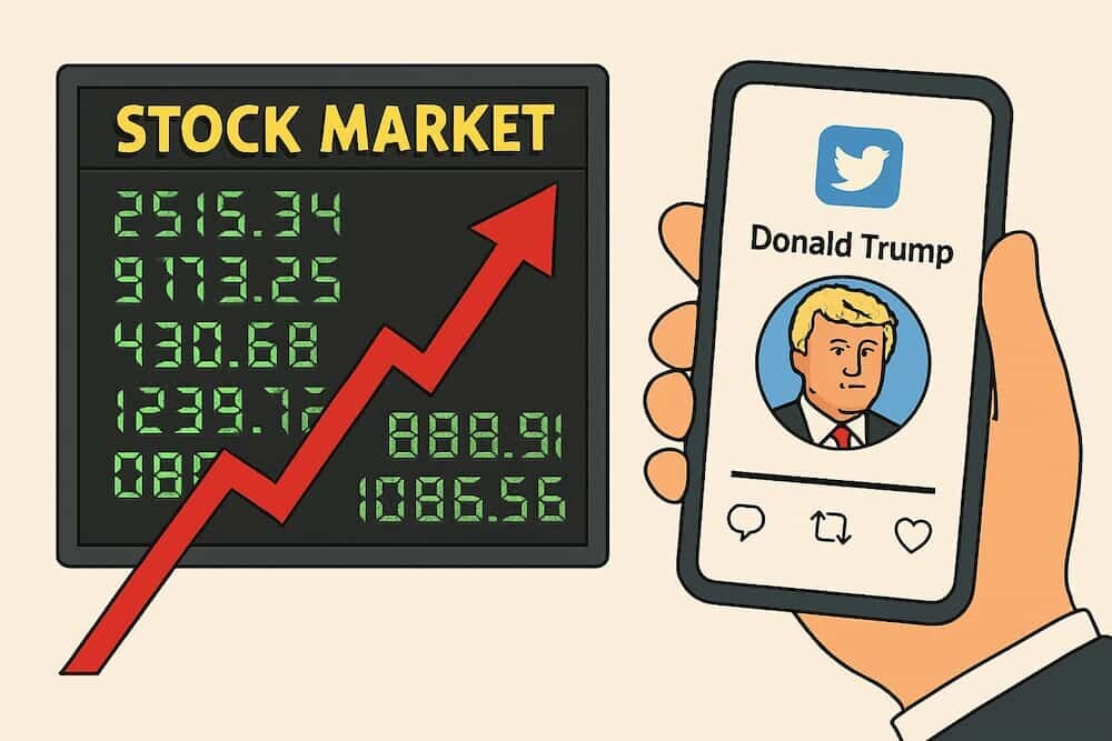 急上昇を示す株価ボードのイラストと、スマートフォンのSNS画面に表示されたトランプ大統領のアイコンを組み合わせたイメージ
