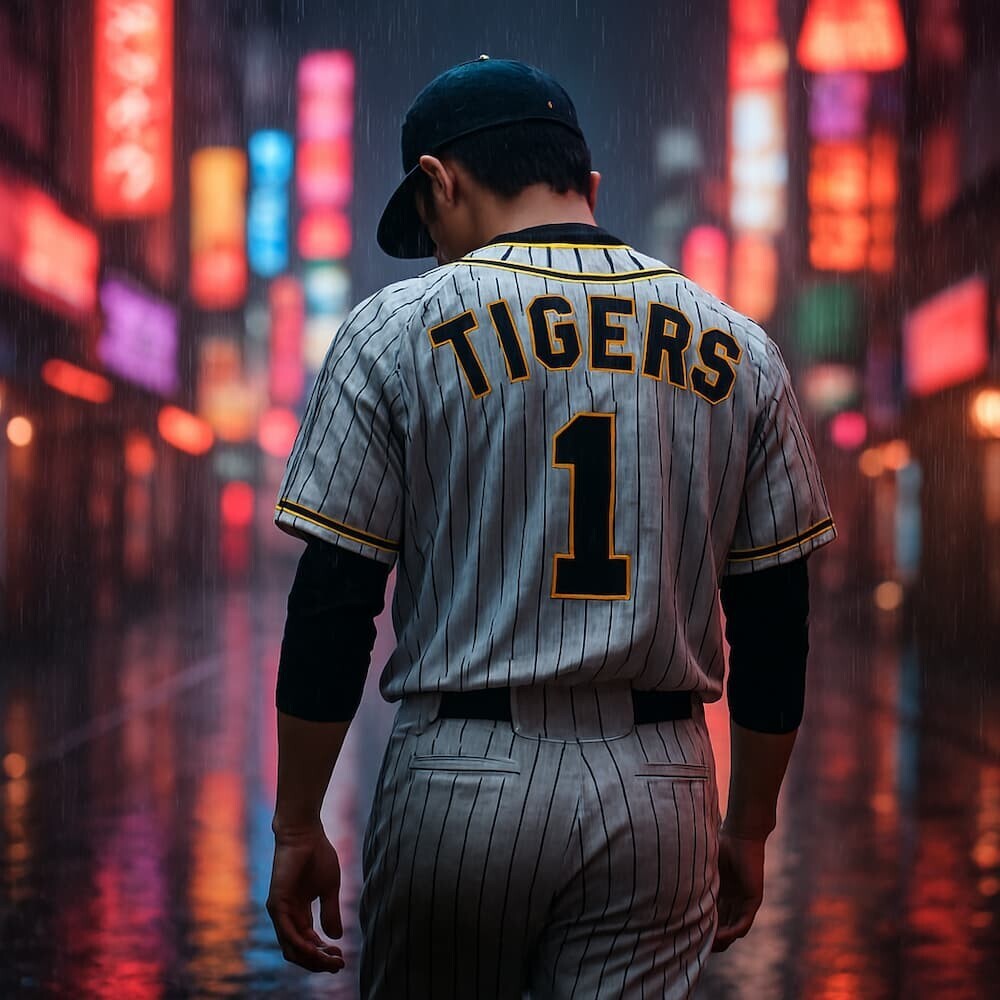 雨の中、夜の街のネオンを背景に、タイガースのユニフォームを着た若い選手が一人でしょんぼりと歩く後ろ姿のイラスト