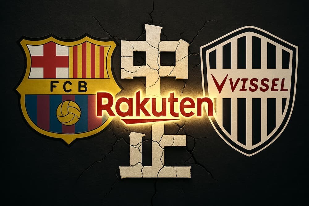 FCバルセロナのエンブレムとヴィッセル神戸のエンブレムが対峙し、間に大きくひびの入った「中止」という文字と、それを修復するように輝く「楽天」のロゴが描かれているイメージ
