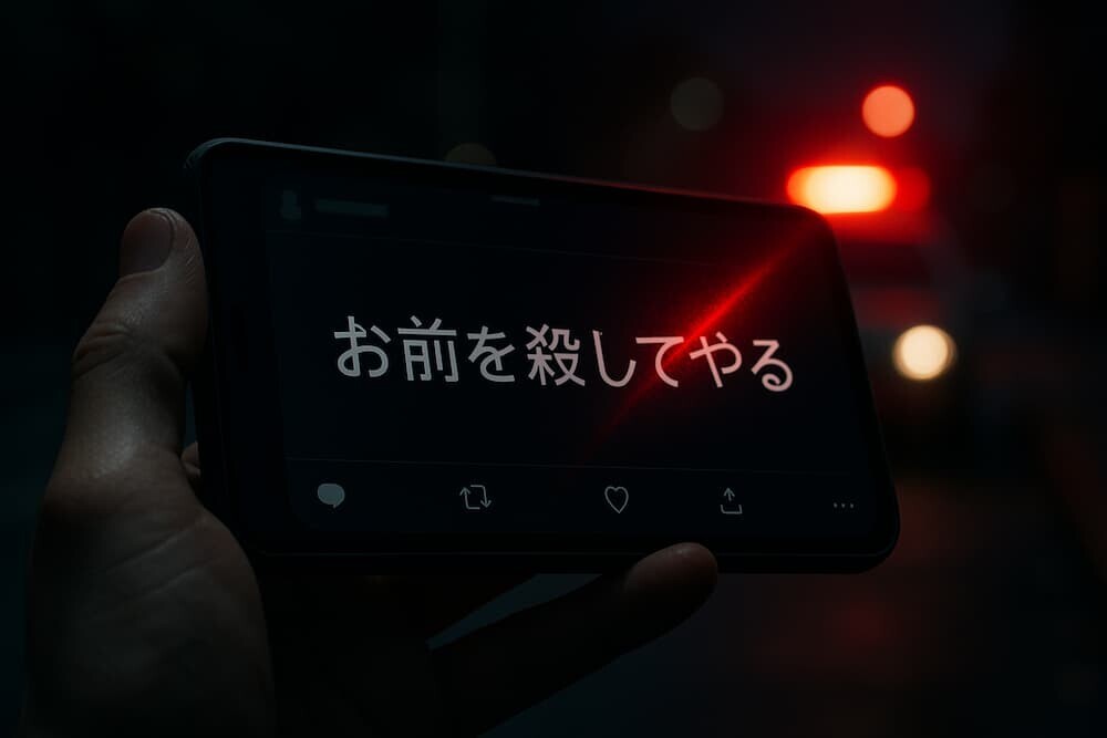 スマートフォンの画面に表示された加害予告の投稿。その画面にパトカーの赤いランプが反射している様子