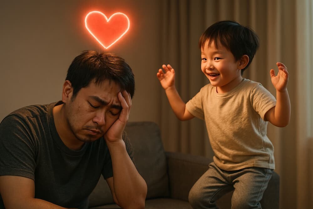  疲れ果てた表情でソファに座る親のイラスト。その親の頭の上にはハートマークが浮かんでおり、そのハートが楽しそうに遊ぶ子供のイラストを優しく照らしているイメージ