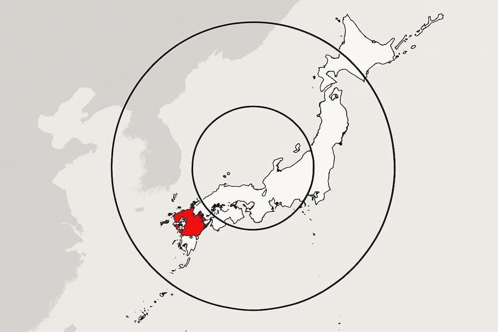 日本地図上で熊本県がハイライトされ、そこからミサイルの射程を示す円が朝鮮半島や中国沿岸部まで伸びている、シンプルで分かりやすいイラスト