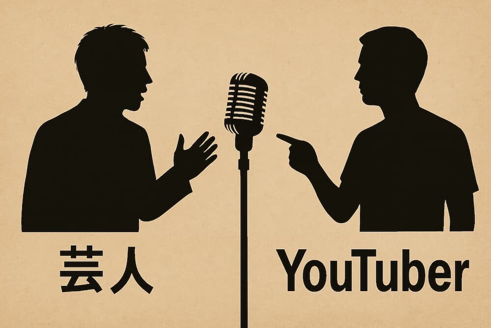 漫才マイクを挟んで、片方には「芸人」のシルエット、もう片方には「YouTuber」のシルエットが対峙しているイメージ