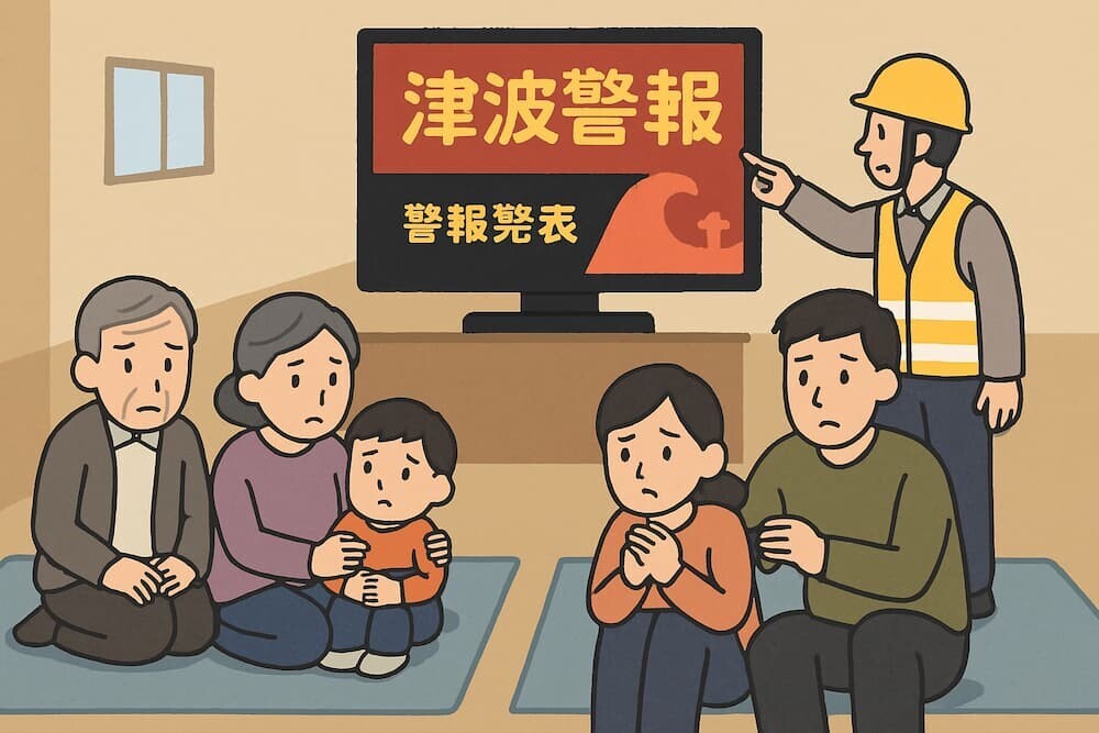 津波警報発表時の避難所の様子